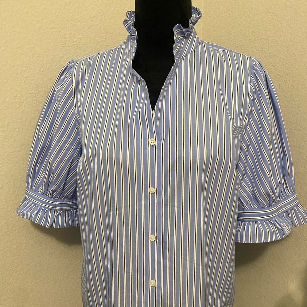 Ruffle Blue and White Striped Blouse